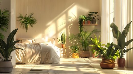 Scandinavian interior design of modern bedroom with many potted houseplants.