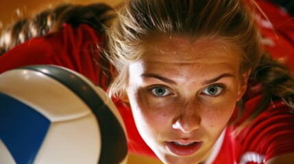 A closeup of a volleyball players determined expression as they dive to save the ball from hitting...