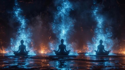 Fototapeta premium A group of meditating figures bathed in a calming blue light their bodies seemingly connected to the very vibrations of the universe.