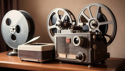 Vintage Retro Film Projector And Reels Nostalgic - obrazy, fototapety, plakaty