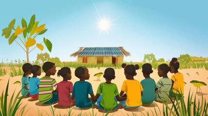 A group of children sitting in a circle listening intently as a community leader explains the benefits of solar power and its impact . AI generation.