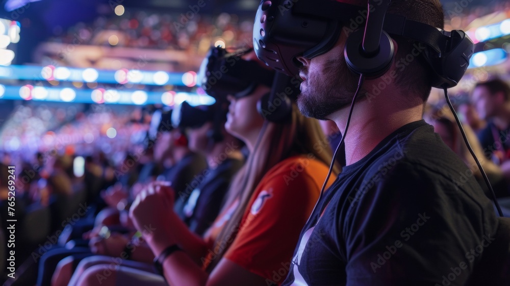 Poster spectators cheering on their favorite teams from all over the world connected through a virtual real