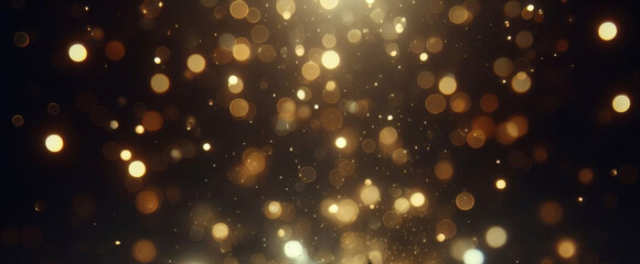Partículas de brillo dorado fondo abstracto.Bokeh de partículas de brillo de luz dorada de Navidad sobre fondo negro marino. Concepto de vacaciones. Fondo abstracto con partículas de oro.	 - obrazy, fototapety, plakaty