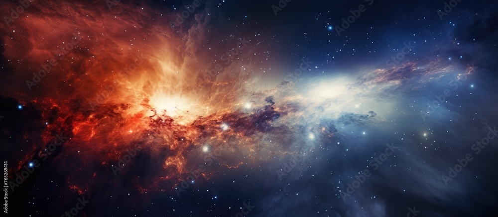 Poster the red and blue galaxy forms a stunning landscape in space, surrounded by a multitude of stars. thi