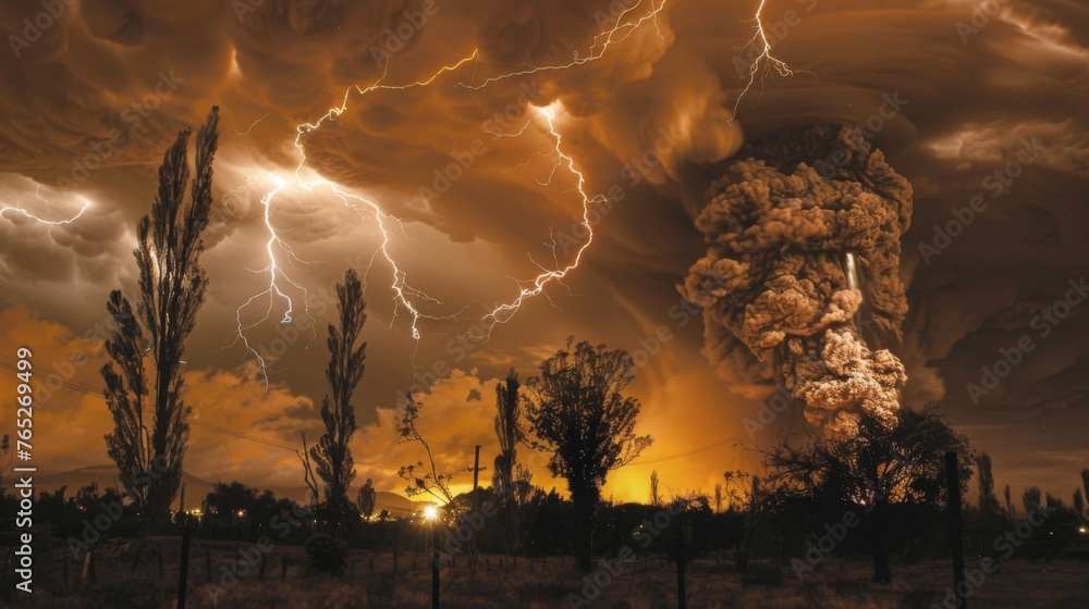 Poster a vivid display of natures fury as a massive eruption sends ash and lightning coursing through a onc