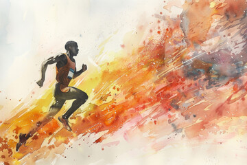 Dynamic watercolor painting of a track and field athlete. With space for text. International Day of Sport for Development and Peace
