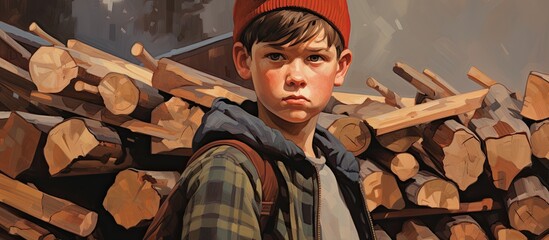 A painting depicting a young boy with a backpack standing in front of a stack of wood - obrazy, fototapety, plakaty