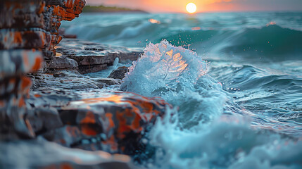 Dramatic splash of a wave hitting the shore with vivid colors of the sunset in the background - obrazy, fototapety, plakaty
