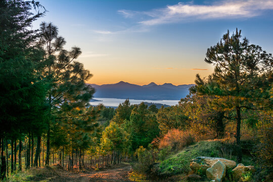 Mountain with many pine trees and a view of Lake Patzcuaro and mountains in the background.