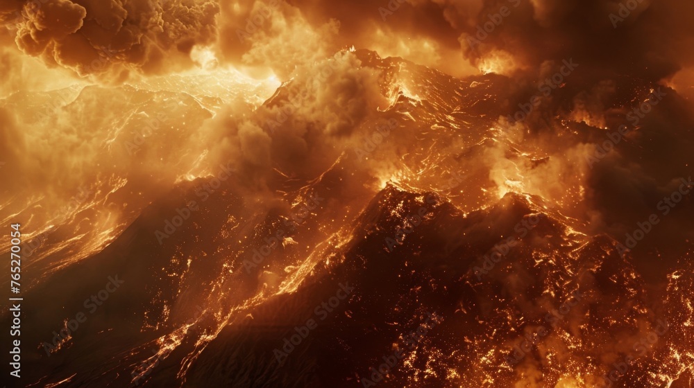 Poster a sweeping view of a mountain range engulfed in flames appearing as though its burning from within.