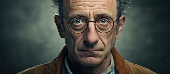 A man wearing glasses and a brown jacket is focused on the camera with a steady gaze
