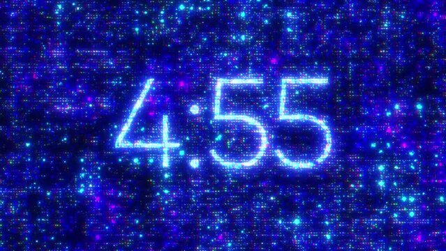5 minute real time countdown. Digital timer on a technological background with noise and artifacts