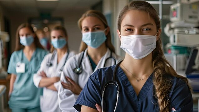 Female Doctors wearing scrubs, stethoscopes and surgical masks, smiling with their eyes with hands crossed in a hospital hallway