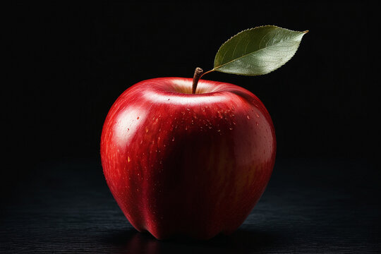 AI generated fresh red apple with a single green leaf, black background.