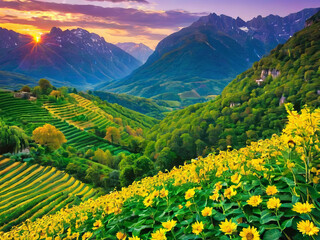 Landscape Yellow Flowers Step Fields Distant Mountains Colorful Sky