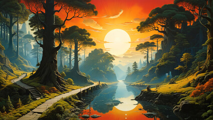 Cartoon River with Forest Trees and Wood Path with Large Bright Sun Orange Sky with Clouds - obrazy, fototapety, plakaty