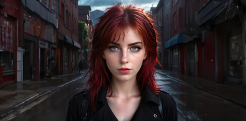 Close up of Woman with Messy Red Hair in a Dark Small Town City Street Wet Ground