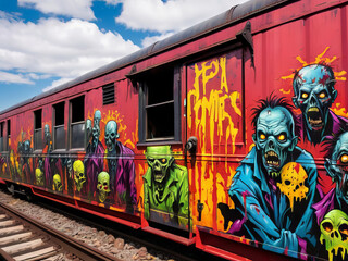 Train Box Car Covered in Colorful Graffiti of Zombie Horror Monsters