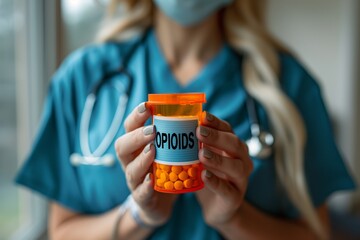 Nurse holding a full pill bottle with a label that says OPIOIDS - obrazy, fototapety, plakaty