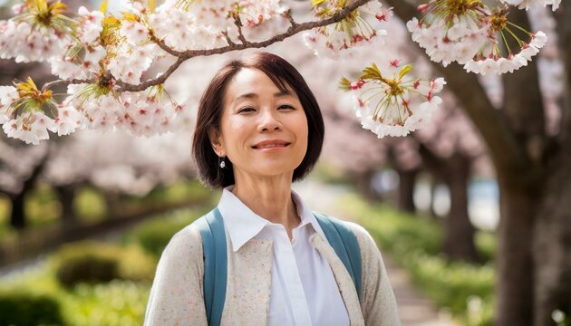桜をバックに微笑む高齢女性