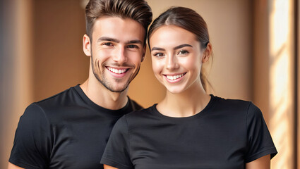 Man and Woman Posing in Black T-Shirts For Product Promotion