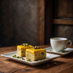Herrliche Kuchenstücke mit gelber Glasur und Pistazien auf Holztisch