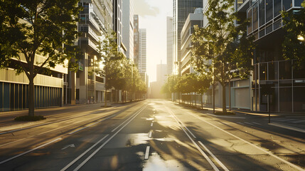 A car with its automotive lighting on is cruising down the asphalt road surface of the empty city street at sunset, passing by skyscrapers and trees