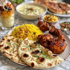 in a plat chees naan, barbecu chicken, on a table with marble finished, putt also an other pla of biryani, with dattes, glassof mango lassi, glasse of ruh hafza its a pakistani drink - obrazy, fototapety, plakaty