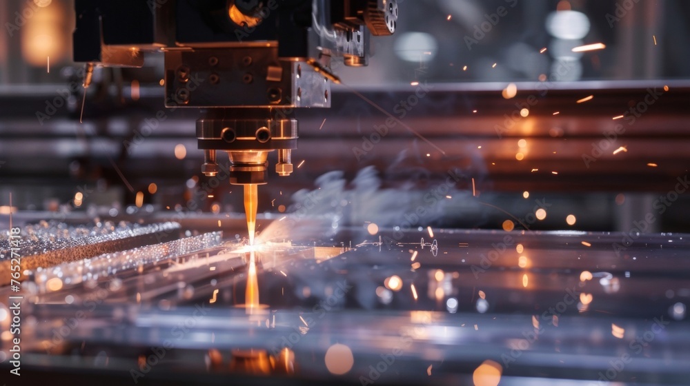 Poster a machine sprays a thin layer of conductive metal onto a clear substrate while sparks fly in the bac