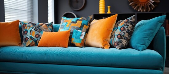 A focused view of a cobalt blue couch adorned with tangerine throw pillows set against a dark charcoal wall
