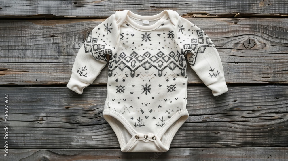 Wall mural a soft cotton baby onesie sleeve seen from the top on a wooden background. - Wall murals