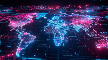 A colorful map of the world depicted in neon hues, showcasing all continents and major cities.