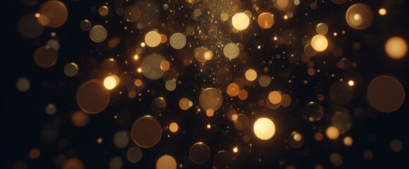 ゴールドの輝き粒子は、背景を抽象化します。ネイビー ブラックの背景にクリスマス黄金の光輝く粒子のボケ味。休日のコンセプト。抽象的な背景と金の粒子。 - obrazy, fototapety, plakaty
