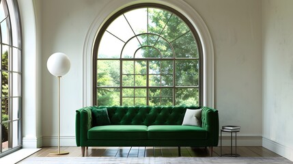 Vibrant green velvet sofa against arched window near ball floor lamp and stone cladding wall. Mediterranean style home interior design of modern living room.