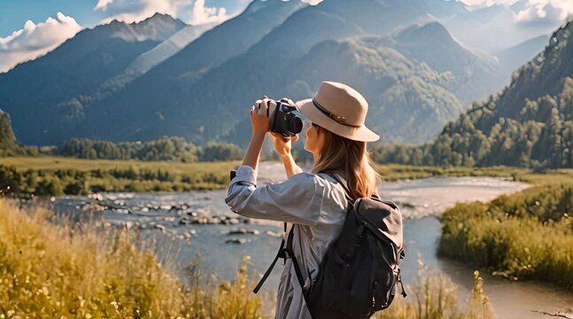 Mountain Serenity: Happy Young Tourist Capturing the Beauty of Nature with a Camera
