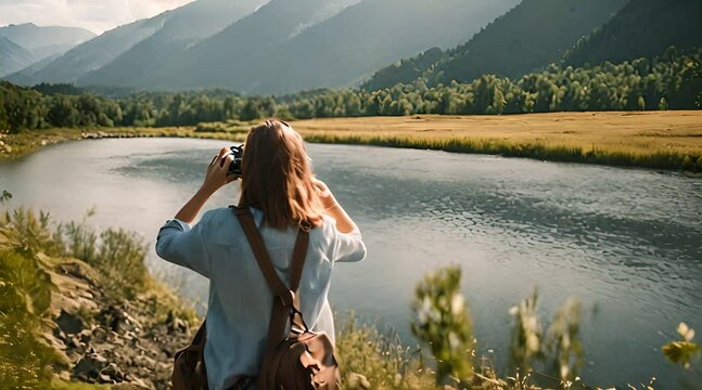 Mountain Serenity: Happy Young Tourist Capturing the Beauty of Nature with a Camera
