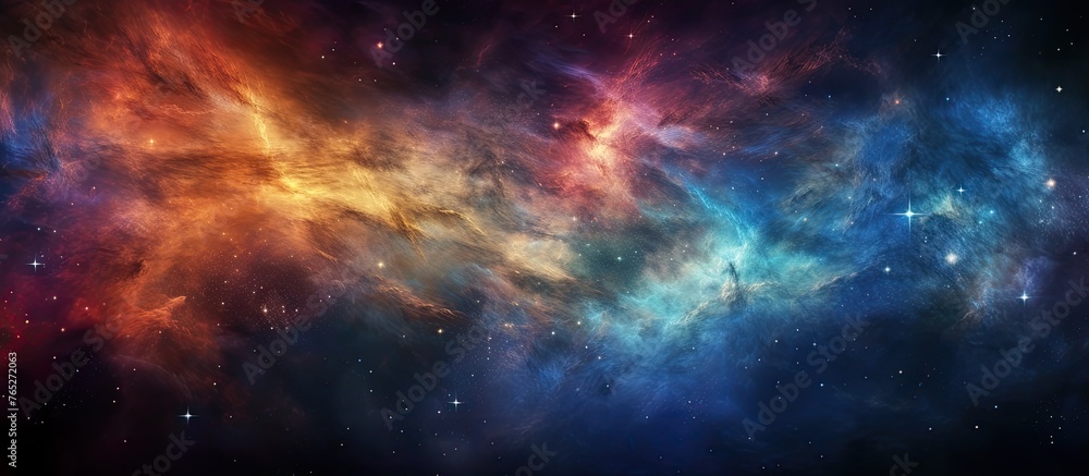 Poster a vibrant galaxy displaying an array of colors formed by stars and nebulae against a dark space back