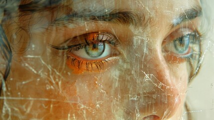 A closeup of a persons face staring intently into a foggy mirror symbolic of peeling back layers and examining the self from within.