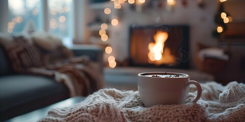 Fototapeta na wymiar A serene winter scene a cup of hot cocoa by a crackling fireplace in a cozy home. Concept Winter Setting, Hot Cocoa, Cozy Home, Fireplace, Serenity