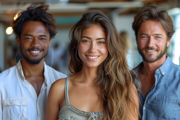 Three people with big smiles are posing together for a picture, showcasing their stylish hair, fun hats, and beards. They look happy and are clearly enjoying a leisurely travel event