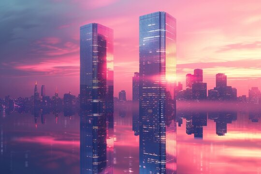 Le r&eacute;alisme des gratte-ciel en titane refl&eacute;tant les couleurs du coucher de soleil