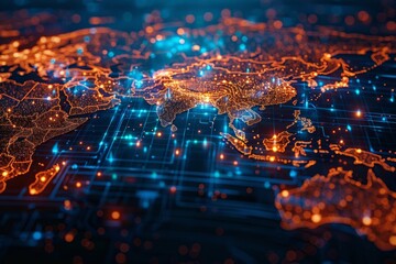 The Asian map in a digital format showcases the interconnectedness of the world through network technology, allowing for seamless data transfer, cyber advancements. - obrazy, fototapety, plakaty