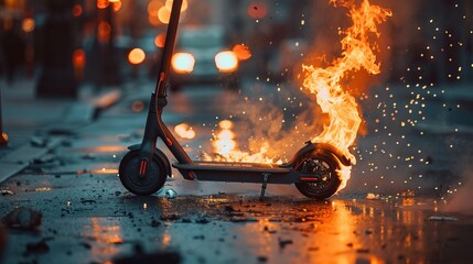 A scooter is on fire in the middle of a street - 765272475