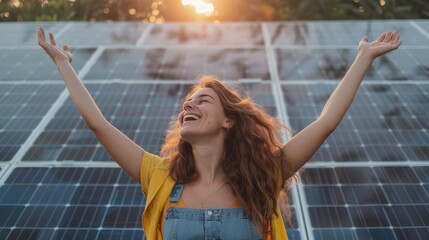 A woman is standing in front of a solar panel, smiling - 765272484