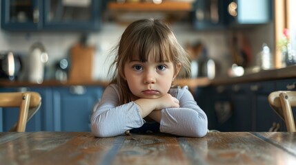A young girl is sitting at a table in a kitchen - 765272490
