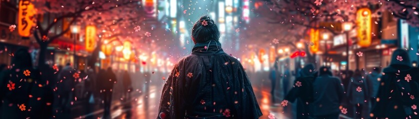 A high-tech warrior battles against mechanical assassins amid the illuminated cityscape of a technologically advanced Tokyo showered in virtual flower petals.