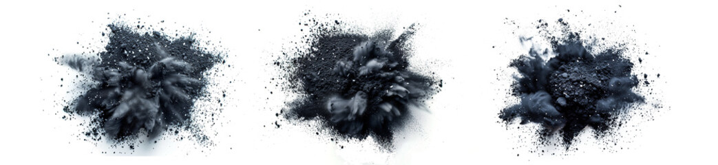 Charcoal powder explosion, realistic bamboo coal or carbon powder splash of piece particles, transparent png background. Black charcoal explosion in macro closeup of floating coals with dust cloud