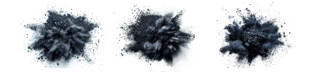 Fotobehang Charcoal powder explosion, realistic bamboo coal or carbon powder splash of piece particles, transparent png background. Black charcoal explosion in macro closeup of floating coals with dust cloud © Ron Dale