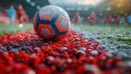 A closeup of a Soccer ball on a grassy soccer field, surrounded by liquid and natural foods,...