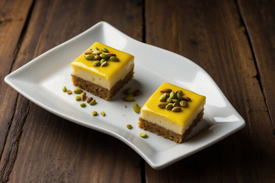 Exquisites Dessert mit glänzender gelber Glasur und Pistazien auf edlem Keramikteller